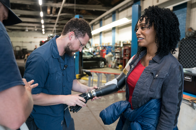 Simone Missick having her bionic arm costume worked on.